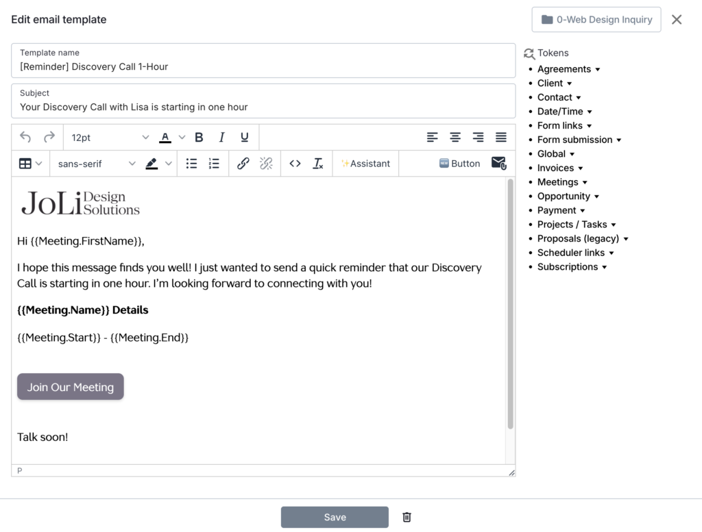 Email Reminder template for meeting